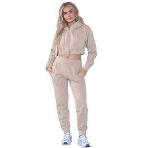 Hot Selling <b>Women</b> Vintage Sporty 2 Piece Crop Top Hoodie <b>Jogger</b> Tracksuit Sets 100% Cotton All Seasons - Product Image 3