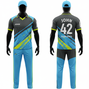 Tenue de cricket pour hommes en polyester respirant 180 GSM, gris, bleu ciel, avec empiècements néon, logo personnalisé par sublimation, kit d'équipe - Product Image 1