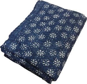 Traditional Indigo Cotton Kantha <b>Quilt</b> Blue Floral Hand-Stitched All-Season Home Decor <b>Throw</b> Cover - Product Image 2