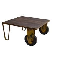 Table basse carrée en bois et fer de style industriel vintage de haute qualité avec roulettes pour la maison, les restaurants et les bars
