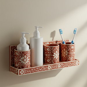 Terracotta Bathroom Accessory <b>Set</b> Decorative Floral Wall Shelf Dual <b>Soap</b> Pumps and Toothbrush Tumblers Rust Orange & White - Product Image 1