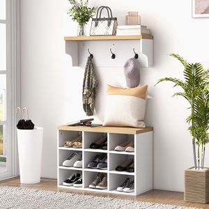 Ensemble 2-en-1 : Portemanteau blanc et banc à chaussures avec rangement pour 9 paires, pour entrée, couloir, buanderie, chambre à coucher - Product Image 2