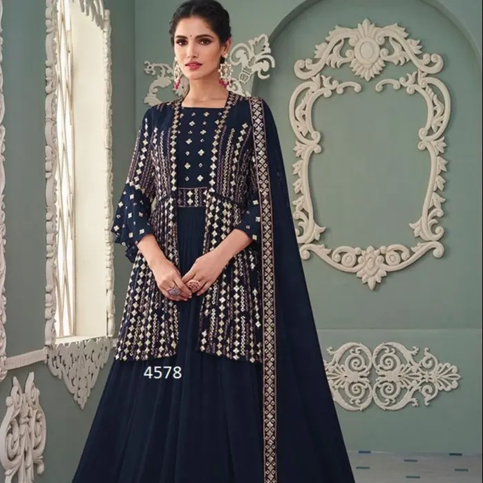 Vestido longo indiano paquistanês, georgette bordado anarkali vestido longo para festa de casamento salwar