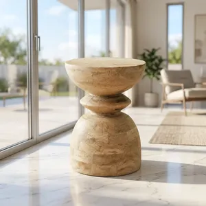 Table d'appoint moderne en bois massif avec piétement sculpté en forme de sablier, table d'appoint artisanale pour la décoration du salon et de la chambre - Product Image 2
