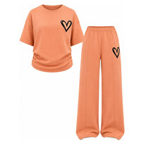 Ensemble assorti 2 pièces pour femme : Haut à manches courtes col rond et pantalon décontracté à jambes larges en coton et bambou, uni et brodé