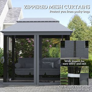 Dondolo da Giardino a 3 Posti con Tettuccio a Doppio Livello, Cuscini Grigi Imbottiti e Pareti Laterali in Rete, con Supporto - Product Image 6