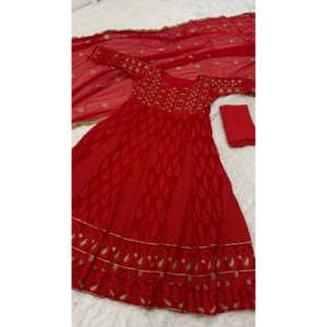 Robe Anarkali de soirée en polyester rouge FB Designer avec peignoir et dupatta, taille M - Product Image 1