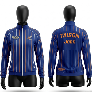 Women soccer jacket premium polyester interlock fabric 220 GSM navy blue <b>pinstripe</b> panel design full zip sublimation custom logo - Product Image 4