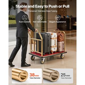 Chariot à bagages robuste pour hôtel, capacité de 750 lb, cadre en acier inoxydable, 6 roues en caoutchouc, plateau recouvert de moquette rouge - Product Image 5