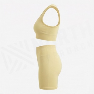 Women's 2 Piece Ribbed Sporty Set Sleeveless Crop <b>Top</b> <b>and</b> Above Knee <b>Shorts</b> Solid Yellow Breathable Spandex Nylon Activewear - Product Image 3