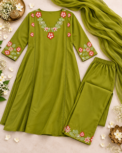 Women Olive Green Floral Embroidered Three Piece <b>Kurta</b> Pant Dupatta Set Ethnic <b>Indian</b> Wear Wholesale Manufacturer - Product Image 4