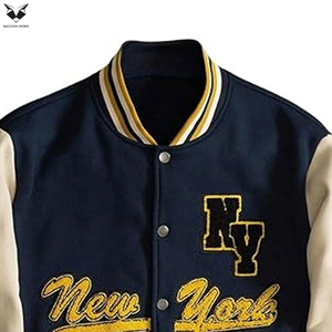Custom Logo Embroidery Varsity Jacket Men Navy Blue Fleece Jacket Contrast Cream Sleeves Streetwear Fashion Bomber Coat - Product Image 6