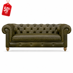 50% OFF Genuine Leather Chesterfield <b>Sofa</b> Premium Olive Green Rolled Arm Tufted Button <b>Sofa</b> <b>with</b> Solid Wood Legs - Product Image 1
