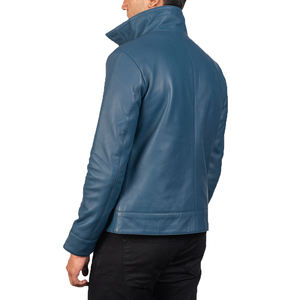 Veste en cuir PU bleu pour homme, col rabattu, fermeture éclair, style motard haut de gamme, imperméable, coupe-vent, veste d'hiver tendance - Product Image 5