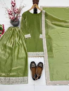 Ensemble Sharara en soie lourde verte pour femme, Salwar Kameez brodé, tenue ethnique traditionnelle pakistanaise, séchage rapide, pour fêtes et mariages - Product Image 3