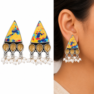 Trusted Supplier <b>Oxidized</b> Silver Vintage Boho Tribal Flower Triangle Drop Earrings for Wedding Occasion Global Supplier - Product Image 1