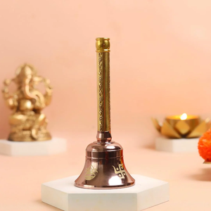 Brass ritual hand bell featuring a prominent Om symbol handle, available at wholesale prices. - Product Image 6