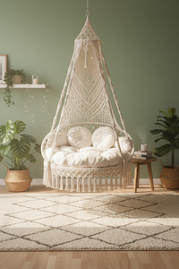 White Macramé Swing <b>Chair</b> Hanging Hammock <b>Round</b> Boho Hanging Swing <b>Chair</b> Indoor Outdoor Patio Seat - Product Image 1