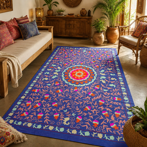 Exclusive Handmade Suzani Cotton Bedsheet Royal <b>Blue</b> Peach Pink Floral Boho Indian Ethnic <b>Bedspread</b> Home Decor Cover - Product Image 5