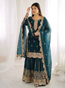 Teal Silk Embroidered Indian Pakistani Wedding <b>Lehenga</b> Set <b>Women</b> Traditional Regular Dress with Dupatta Stretchable Wrinkle-Free - Product Image 1