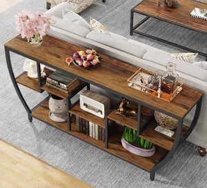 Mesa Consola Moderna de Madera con Estructura Metálica y Estantes de Almacenamiento, Diseño Industrial, Mueble para Sala de Estar, Decoración para Entrada - Product Image 5