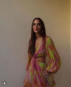 Bohemian Cute Girls Pink Knee-Length <b>Women</b> V-neck Formal A-Line Long Sleeve Printed Cotton Short <b>Tunic</b> <b>Dress</b> - Product Image 2