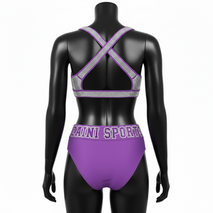 Ensemble de bikini de luxe en nylon extensible GSM avec panneaux en strass cristal, taille haute, violet, logo personnalisé pour femme - Product Image 2