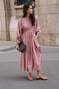 Vestido Maxi Rosa Sólido Elegante y Modesto para Mujer, Cuello en V, Manga Abullonada, Manga Larga, Botones al Frente, Algodón Ecológico, Vestido Casual Holgado - Product Image 5