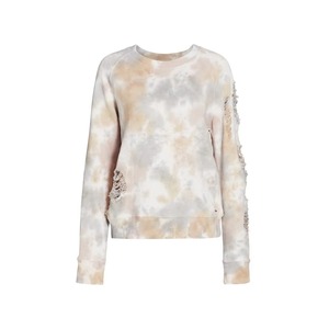 Sweat-shirt tie-dye vieilli beige gris marbré déchiré et usé pour femme, col rond, style vintage streetwear, coton, personnalisable OEM - Product Image 1
