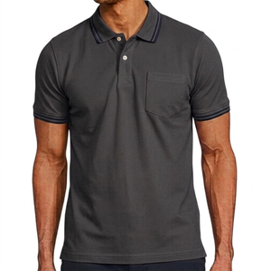 Chemise décontractée pour homme, gris foncé, manches courtes, avec poche poitrine, couleur unie, 100 % polyester jersey, logo frontal, respirante, coupe classique - Product Image 1