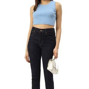 Light Blue Ribbed Seamless Spandex/Nylon Tank <b>Top</b> O-Neck Sleeveless Breathable Stretchy Casual <b>Women's</b> Regular Length High Waist - Product Image 3