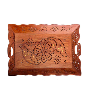 Bandeja de Servir de Madera Marroquí Hecha a Mano, Ecológica, con Asas de Cuerda, Diseño Floral Azul y Marrón Vintage, Apta para Lavavajillas - Product Image 5