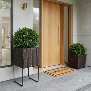 Jardinière carrée moderne en rotin PE pour extérieur, ensemble de jardinières surélevées marron foncé avec support et doublure en plastique - Product Image 5