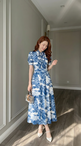 Vestido Maxi de Seda Azul Floral Elegante para Mujer, de Alta Calidad, con Manga Corta, Estampado Vintage, para Fiesta o Vacaciones - Product Image 6