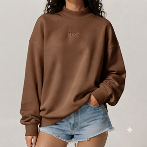 Women's Brown Oversized <b>Mock</b> <b>Neck</b> Sweatshirt Full Sleeve Knitted Cotton Winter Streetwear <b>Top</b> Letter Embroidery Front - Product Image 1