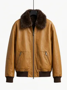 Veste en cuir pour homme, col sherpa, vintage, cuir ciré 2 tons, qualité supérieure, fourrure de mouton, vente flash - Product Image 2