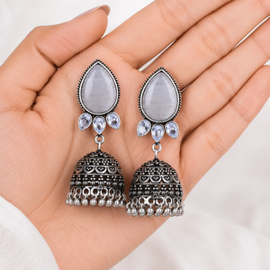 Luxury Oxidized <b>Silver</b> Tribal Jhumka <b>Earrings</b> Pear Cut Orange Stone Traditional Indian Wedding Jewelry for Women - Product Image 6