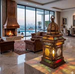 <b>Large</b> Moroccan Metal <b>Lantern</b> Authentic Hand-Punched Metal Floor Lamp Filigree Shadow Lamp Geometric Moorish Boho Gift - Product Image 1