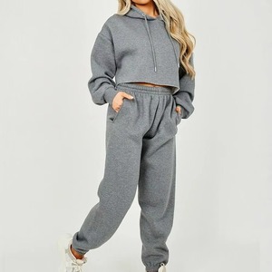 Women Pink Cotton Tracksuit Set Hooded <b>Crop</b> Top Full Length Pants Casual Loose Fit Solid Color Full Sleeve Spring Wear - Product Image 5