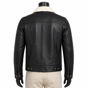 Veste de moto pour homme en cuir véritable imperméable, respirante, coupe-vent, col rabattable, doublure en sherpa, fermeture à boutons, épaisse pour l'hiver - Product Image 2