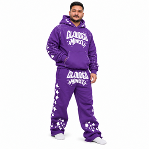 Ensemble de survêtement pour hommes surdimensionné avec impression en relief et strass, logo personnalisé, sweat à capuche et pantalon en molleton épais REXFITSPORTS Vente en gros OEM - Product Image 3