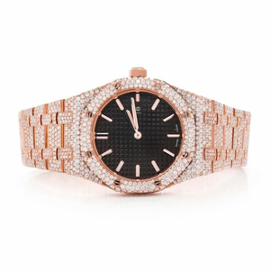 Montre de luxe entièrement sertie de moissanite, en acier inoxydable or rose, cadran noir, style diamant, étanche, fournisseur de montres-bracelets - Product Image 1