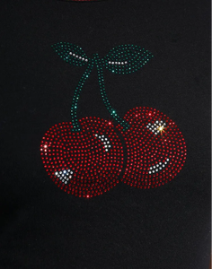 Hot Sale Women’s Crop <b>Top</b> Soft Cotton Spandex Round Neck Cherry Rhinestone Print Cropped T Shirt - Product Image 3