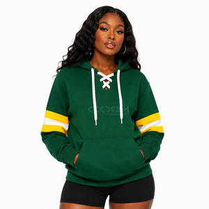 Cosh International Sorority Sisterhood <b>Green</b> Hooded Sweatshirt With Yellow White Stripes <b>Lace</b>-Up Front Pockets Casual Autumn - Product Image 1