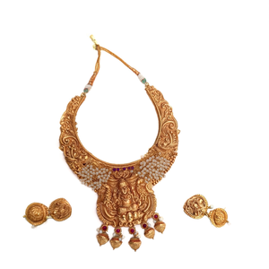 Fashion Jewelry Set Goddess Lakshmi Engraved Matte Necklace with Jhumki Earrings - Product Image 1