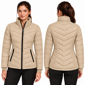 Storm Fit Women's Quilted Winter <b>Jacket</b> Full Sleeve Stand Collar Zipper Closure Gray Logo <b>Patch</b> Design - Product Image 2
