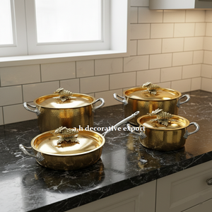 Ensemble de casseroles et poêles décoratives en acier inoxydable, style turc fait main, finition martelée dorée, écologique, motif raisins - Product Image 3