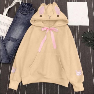 Women's Red Rabbit Ear Hoodie Pink Bow Cartoon Patches Casual Winter Comfortable Sweatshirt Knitted Cotton Hooded Sweater - Product Image 3