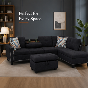 3-Piece Modern Sectional <b>Sofa</b> <b>Set</b>,Black & Gray Linen Upholstered <b>Sofa</b> Furniture with Rectangle Design for Home,Office, Apartment - Product Image 1