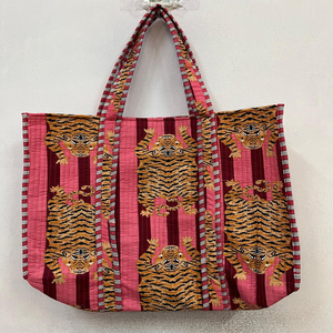 Sac fourre-tout matelassé en coton à rayures tigrées, fait main, imprimé animal, pour femme, à porter à l'épaule, réutilisable, pour le shopping et les voyages, grande capacité - Product Image 1